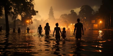 a group of people walking in water