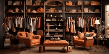 a room with orange furniture and shelves with clothes and bags
