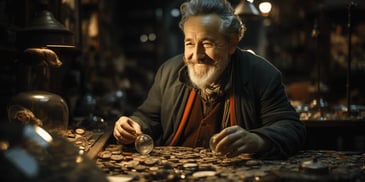 a person smiling at a table with coins