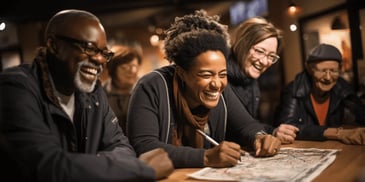 a group of people smiling at a map