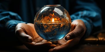 a person holding a candle in a glass bowl