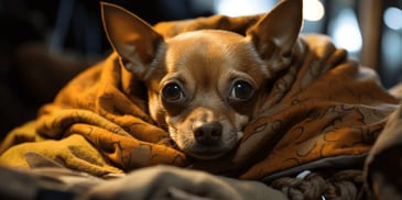 a dog wrapped in a blanket