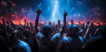 a crowd of people with their hands up in the air