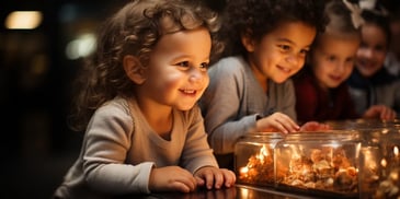 two children looking at a small glass jar with a lit up object