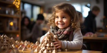 a child playing with a pyramid of wooden blocks