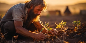 a person with a beard planting a plant