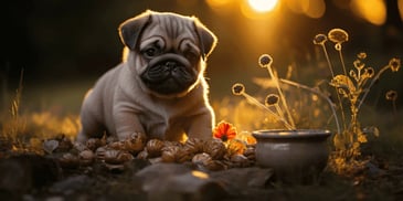 a puppy standing in front of a pile of food