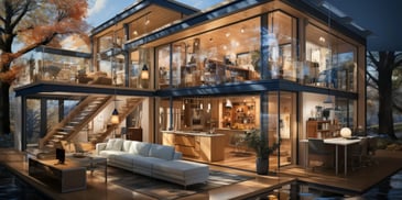 a house with glass walls and a large living room
