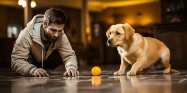 a person and a dog playing with a ball