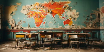 a classroom with a map of the world on the wall