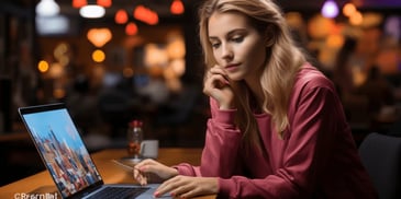 a person sitting at a table with a laptop and credit card
