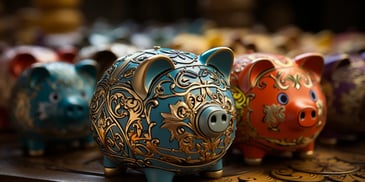a group of colorful piggy banks