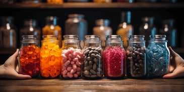 a row of glass jars filled with different colored candies