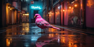 a pink bird standing on a wet sidewalk