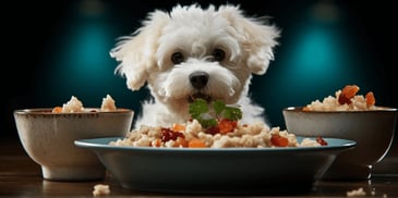 a dog eating food from a plate