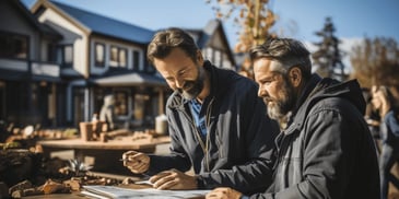 a couple of men looking at a map