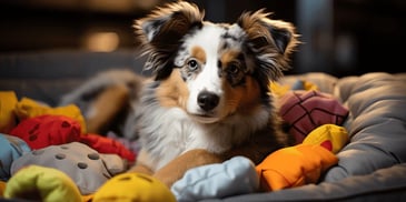 a dog lying on a blanket