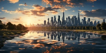 a city skyline with trees and a body of water