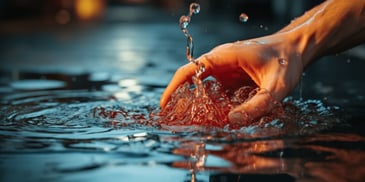 a person's hand holding a water drop