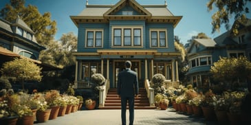 a person in a suit standing in front of a house