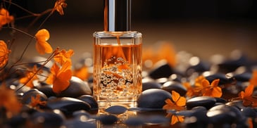 a bottle of perfume with flowers on rocks