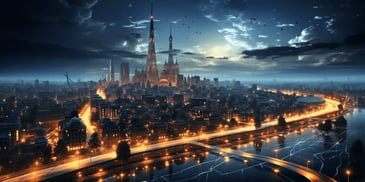 a city with persony towers and lights
