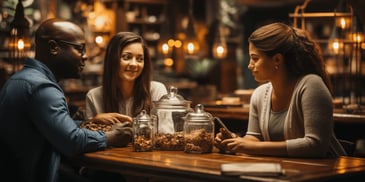  group of people sitting at a table with food in jars