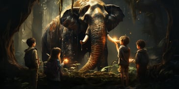 a children touching an elephant