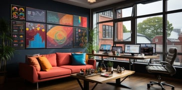 a room with a couch and computer desk and a large window