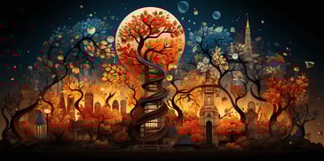 a tree with a spiral staircase in front of a building