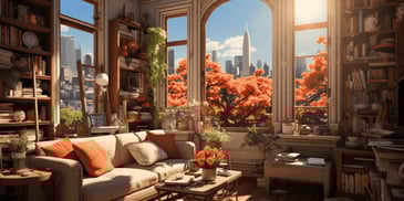 a living room with a large window and a couch