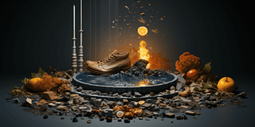 Human footprint transforming into carbon weight scale with emission.