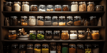 Organized walk-in pantry closet with labeled glass jars and drawers