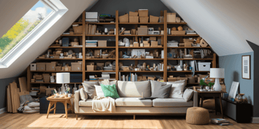 A before and after split image of a cluttered room transitioning into a clean, decluttered, minimalist space.