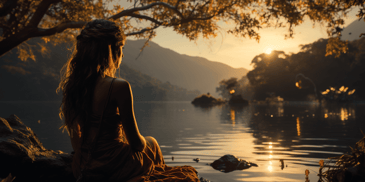 A woman meditating peacefully under a tree near a lake at sunrise, phone and devices out of sight.