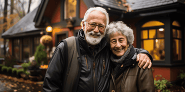 An older couple standing outside their cozy cottage after downsizing from a large house.