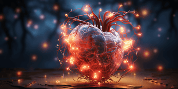 Human brain connected to heart with interactive emotional touch points.