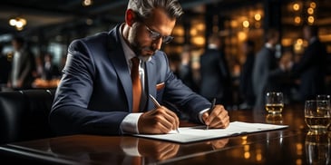 a person in a suit writing on a paper