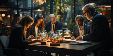 a group of people around a table with glass domes