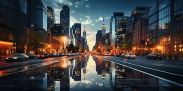 a city street with a reflection of buildings