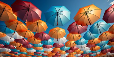 a group of umbrellas in the air