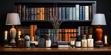 a shelf with books and bottles of perfume