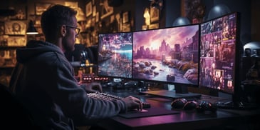 a person sitting at a desk with three monitors