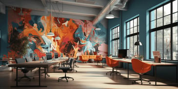 an office with a colorful mural on the wall