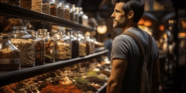a person looking at a shelf of food