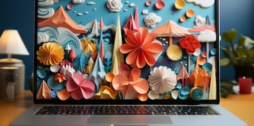a laptop with paper cutouts on it
