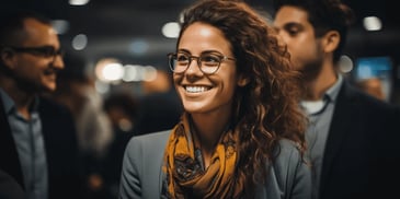 a person wearing glasses and a scarf smiling