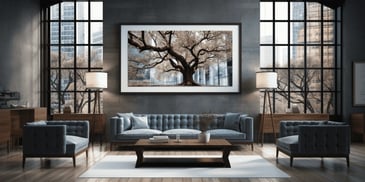 a living room with a large framed picture of a tree on the wall