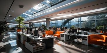 an office with an orange chair and desks