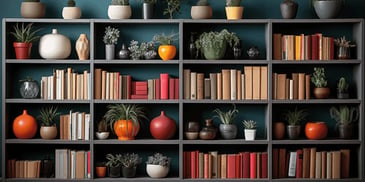 a shelf with books and potted plants